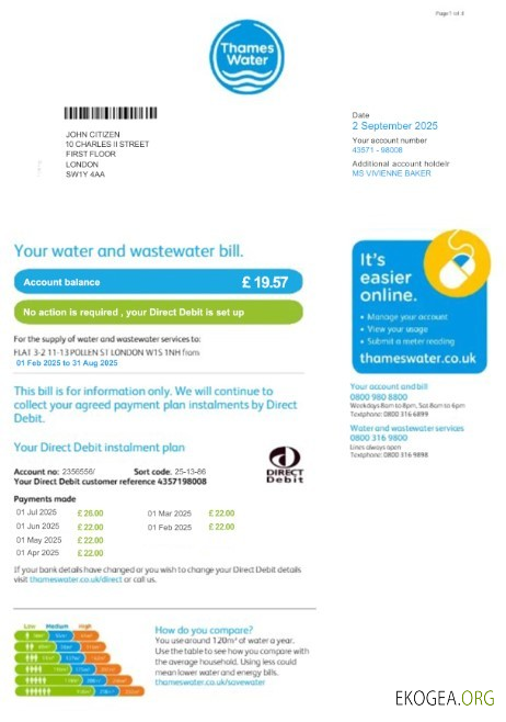 United Kingdom Thames Water utility bill template in PSD format, version 2